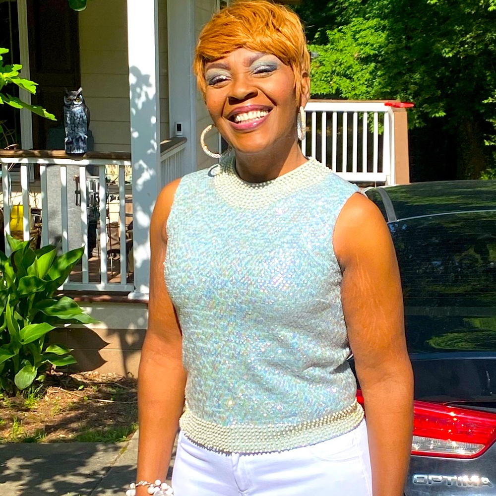 Vintage Cropped Pearl Beaded Neck & Trim Sequins Tank Top Shirt Blouse